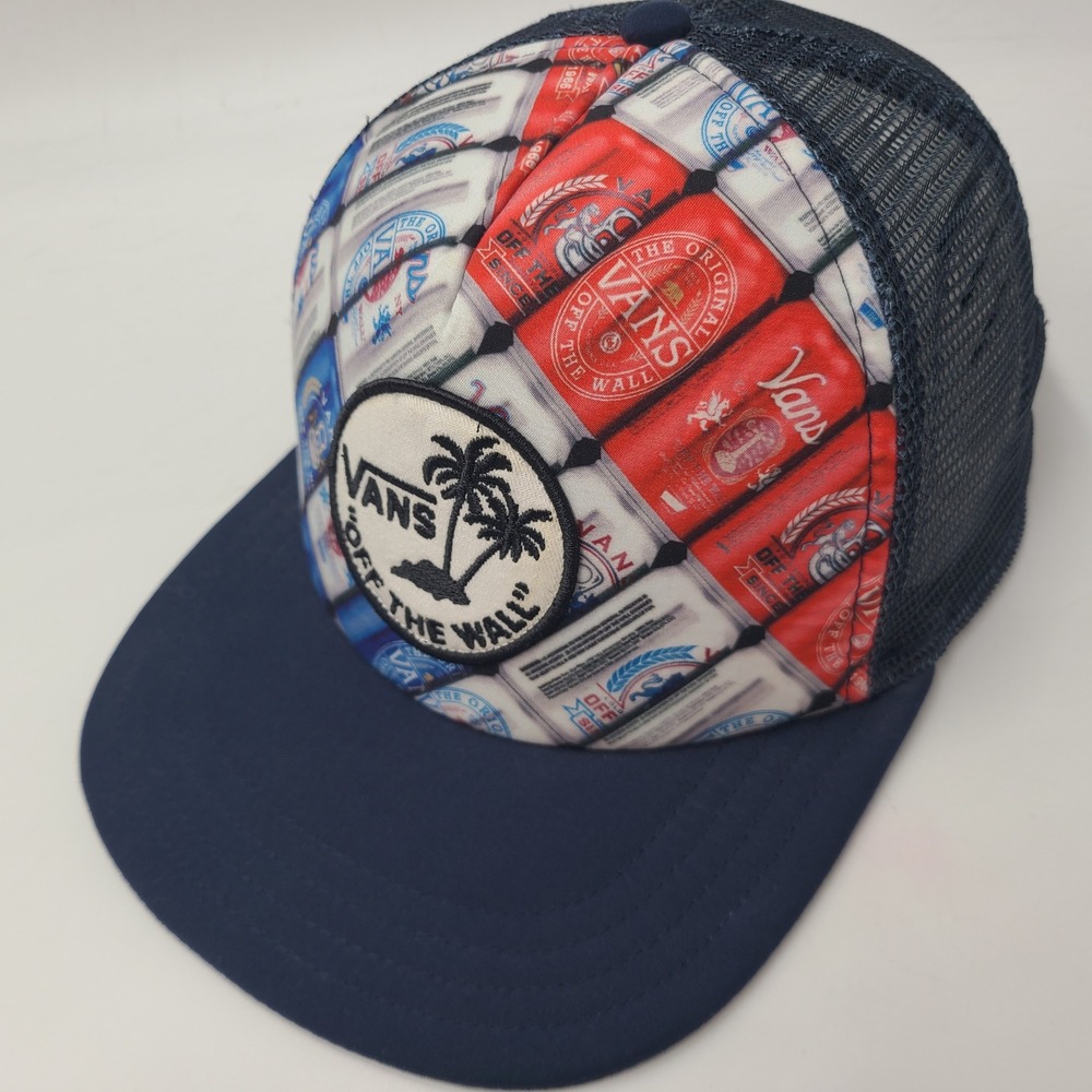 Vans Hat Snapback Trucker Mesh Blue Beer Cans Off The Wall Skate Skateboard Surf